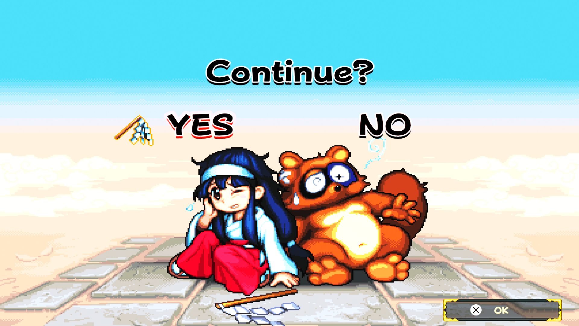 Pocky and Rocky Reshrined PlayStation Continue Game Over Screen