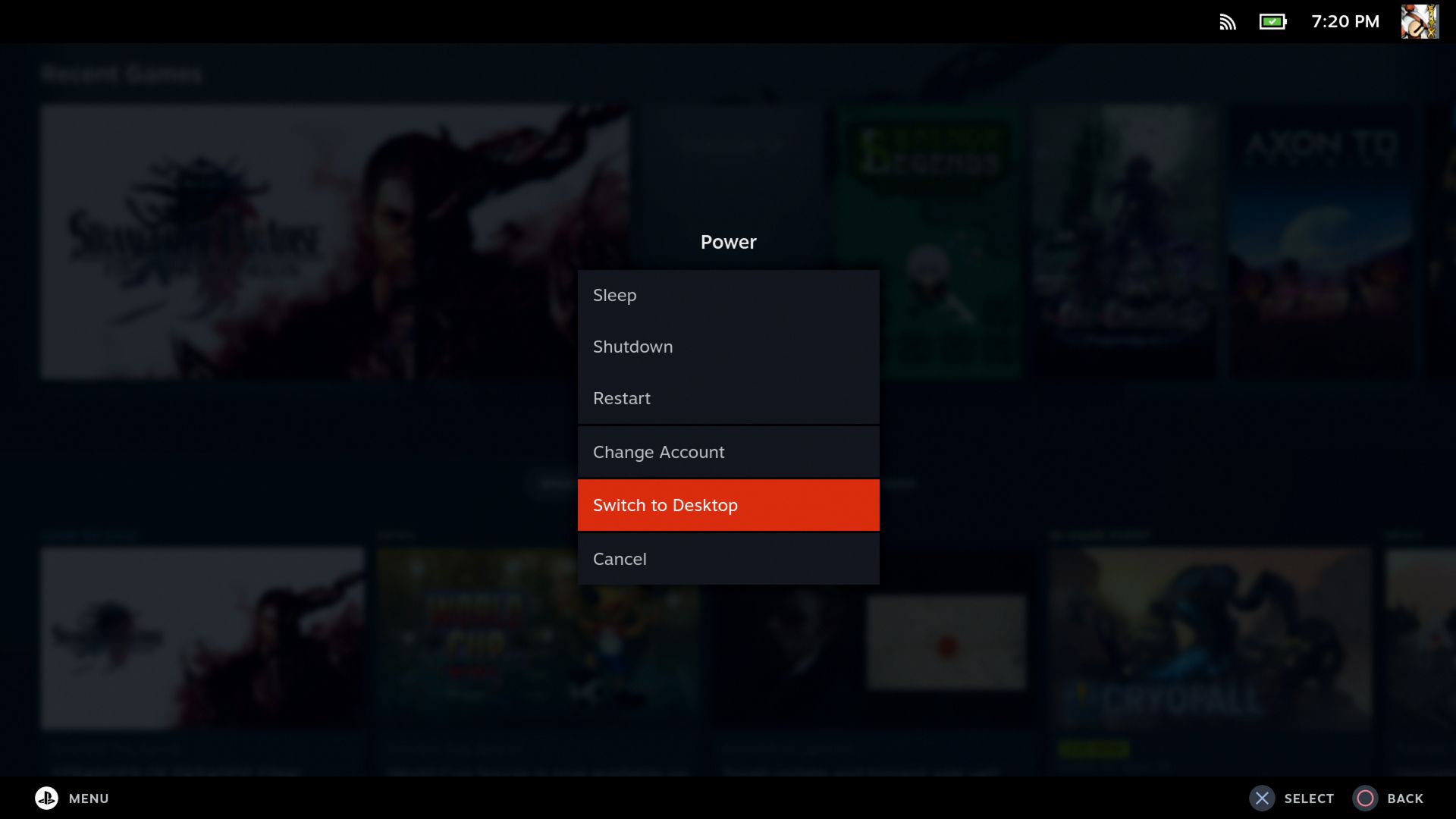 Steam Deck Power menu Switch to Desktop Mode