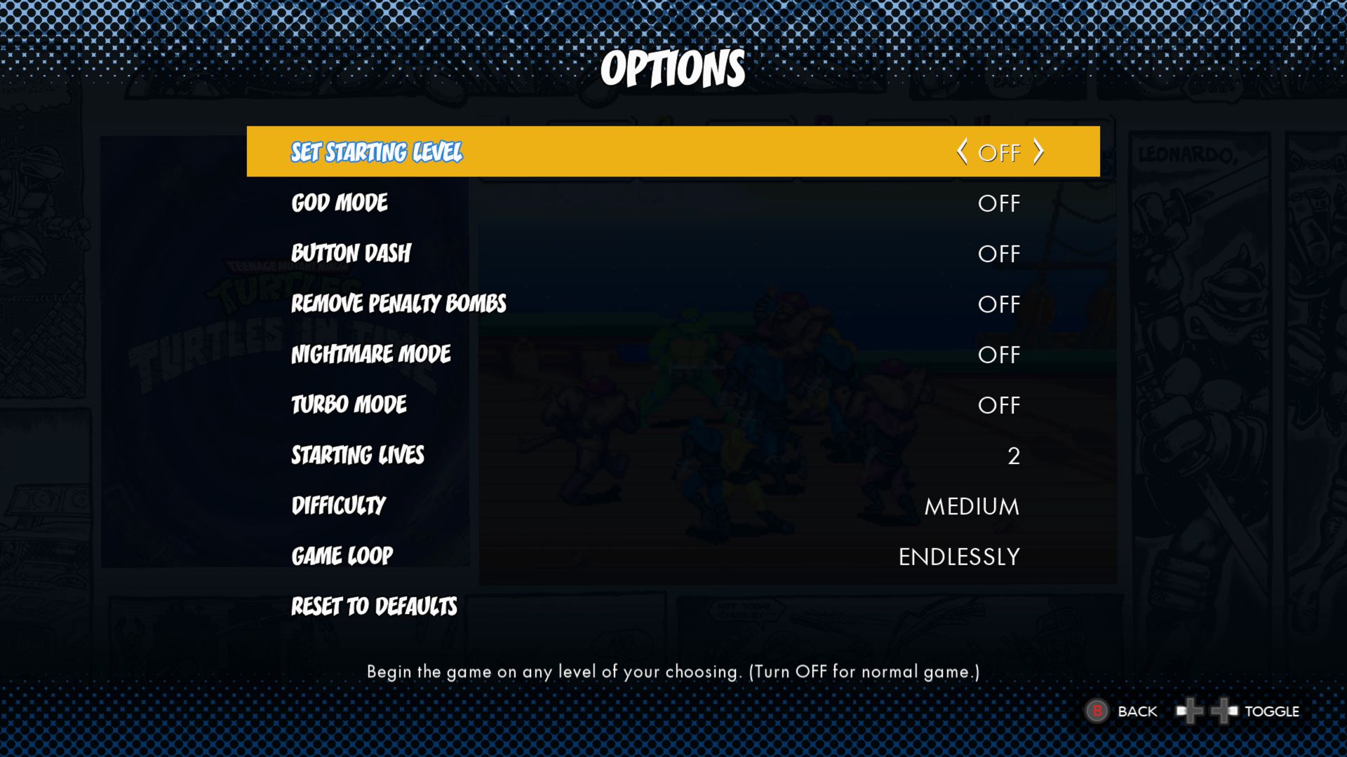 TMNT: The Cowabunga Collection Enhancements Options menu